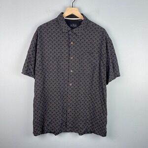 Nat Nast Men XL Black Silk Geometric Embroidered Short Sleeve Button Up Shirt